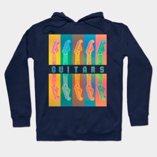 Halves of guitars in retro style. I love Rock/Roll. Guitar neck in a row in pastel colors. Hoodie